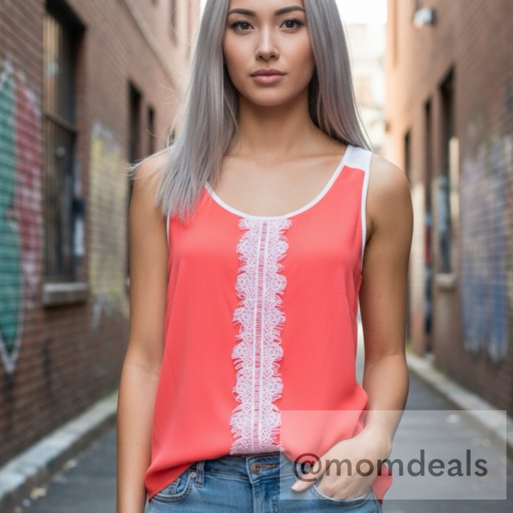 Bright Coral Embroidered Accent Tank Sleeveless Top Medium M
